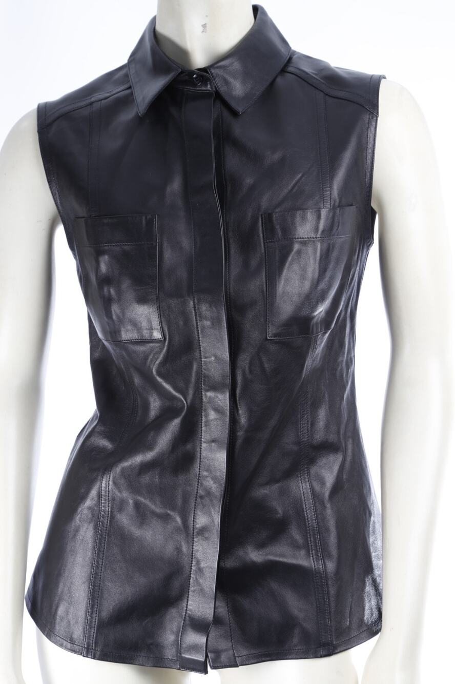 Givenchy Black Genuine Leather Sleeveless Button Front Shirt Top Vest Size 38 US